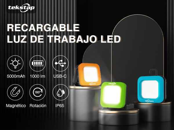 2 Paquetes de luz LED recargable Para trabajo o camping, 1000 lúmenes, luces magnéticos, portátil, gancho para colgar y 3 modos, resistente al agua IP65 para reparación de automóviles, foco para camping, emergencia (azul y verde y naranja)