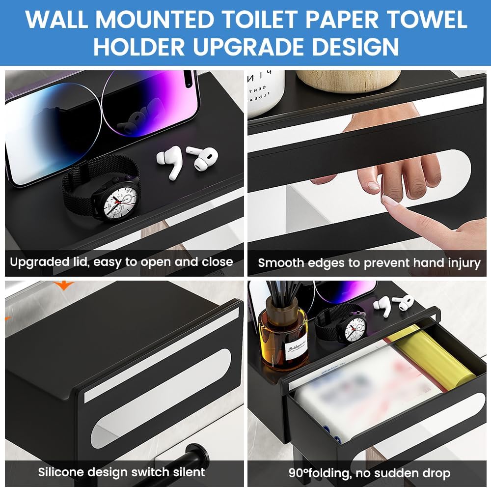 Portarrollos Papel Higienico Adhesivo, Portarrollos con Caja De Toallitas HúMedas, minghaoyuan Soporte Papel Higienico con Estante De 21 Cm, Porta Papel Higienico De Pared De Acero Inoxidable