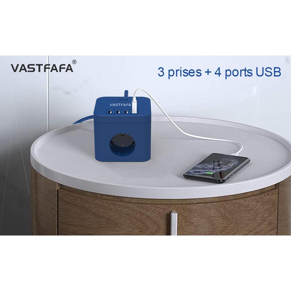 VASTFAFA regleta Cargador USB con protección contra sobretensiones 7 en 1. 4 tomas de corriente y 3 puertos USB. Color azul