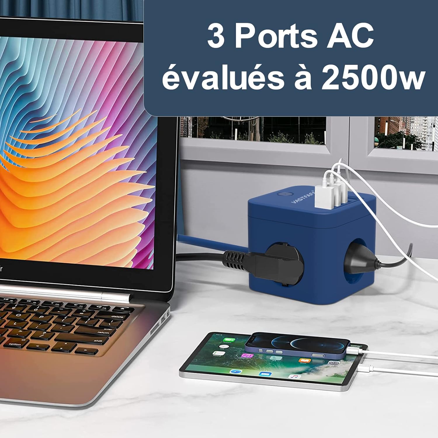 VASTFAFA regleta Cargador USB con protección contra sobretensiones 7 en 1. 4 tomas de corriente y 3 puertos USB. Color azul