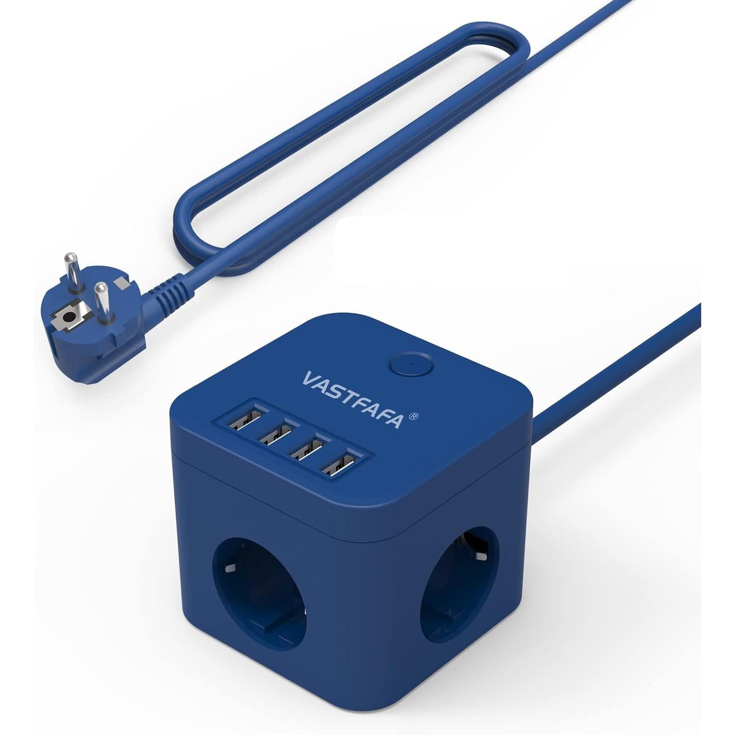 VASTFAFA regleta Cargador USB con protección contra sobretensiones 7 en 1. 4 tomas de corriente y 3 puertos USB. Color azul