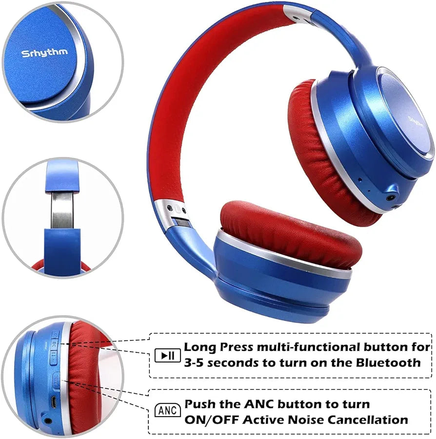 Srhythm NC15 Auriculares DIADEMA con Cancelación de Ruido Auriculares Supraaurales Bluetooth con Micrófono para Adolescentes, Adultos Clase en Línea/Oficina en el Hogar/TV/PC/Teléfono color Azul y Rojo
