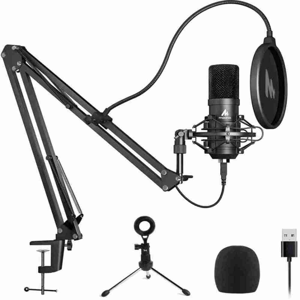 MAONO Micrófono con cable USB AU-A04 Plus Condensador cardioide Podcast Mic 192kHz/24bit Plug and Play, proporciona dos soportes de micrófono para transmisión en vivo, voz en off, YouTube, juegos, ASMR. Color Negro
