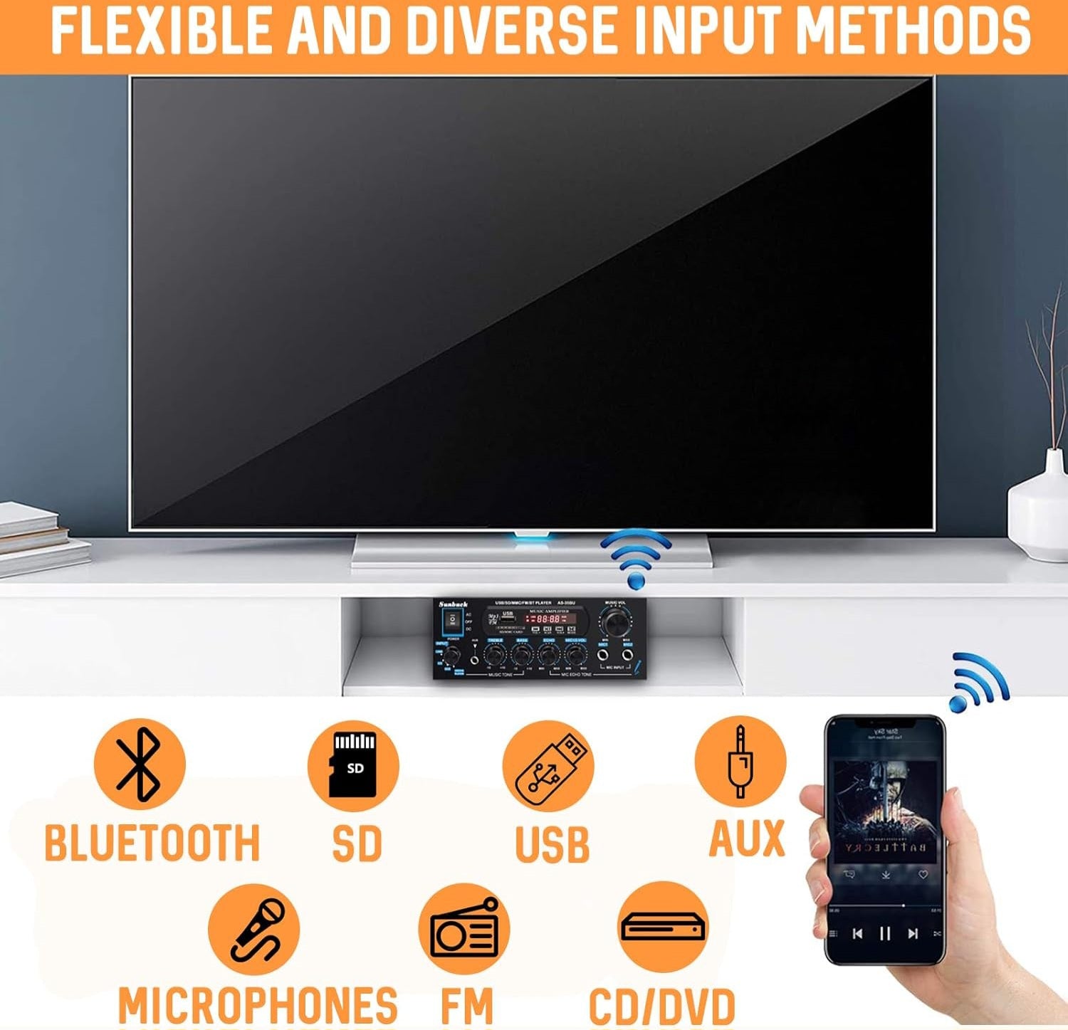 Sunbuck Amplificador Audio, 110V Amplificador HiFi Bluetooth, Receptor de Audio de Potencia de Sonido de Doble Canal de 180 W con USB, Tarjeta SD, Radio FM para Altavoces domésticos (AS-35BU)