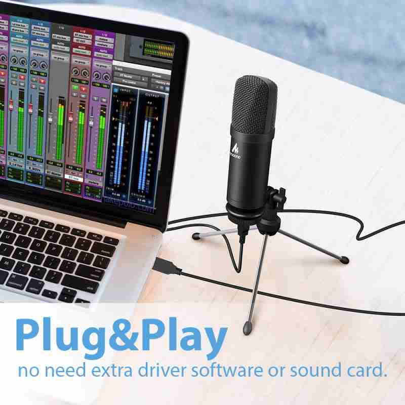 MAONO Micrófono con cable USB AU-A04 Plus Condensador cardioide Podcast Mic 192kHz/24bit Plug and Play, proporciona dos soportes de micrófono para transmisión en vivo, voz en off, YouTube, juegos, ASMR. Color Negro