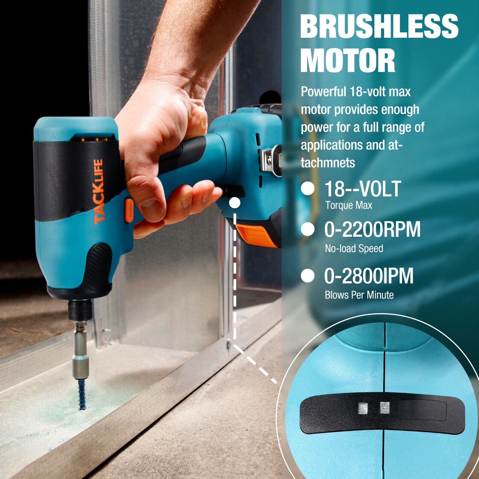 TACKLIFE Llave de Impacto Inalámbrica 18V 180Nm Batería 2,0 Ah Mandril 6,35 Mm Carga Rápida - Motor Sin Escobillas