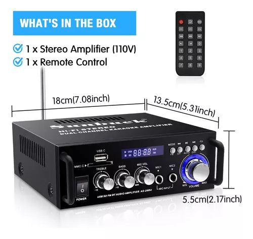 Sunbuck Amplificador Audio, 110V Amplificador HiFi Bluetooth, Receptor de Audio de Potencia de Sonido de Doble Canal de 180 W con USB, Tarjeta SD, Radio FM para Altavoces domésticos (AS-35BU)