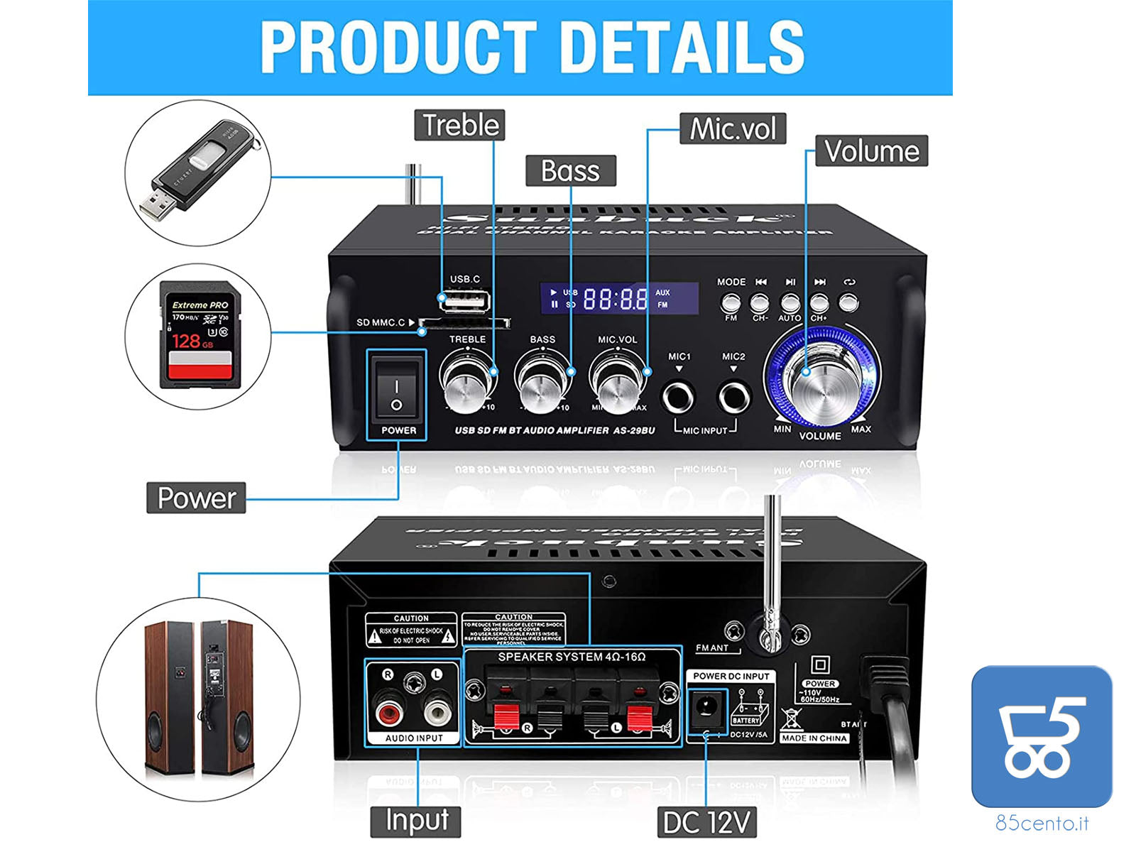 Sunbuck Amplificador Audio, 110V Amplificador HiFi Bluetooth, Receptor de Audio de Potencia de Sonido de Doble Canal de 180 W con USB, Tarjeta SD, Radio FM para Altavoces domésticos (AS-35BU)
