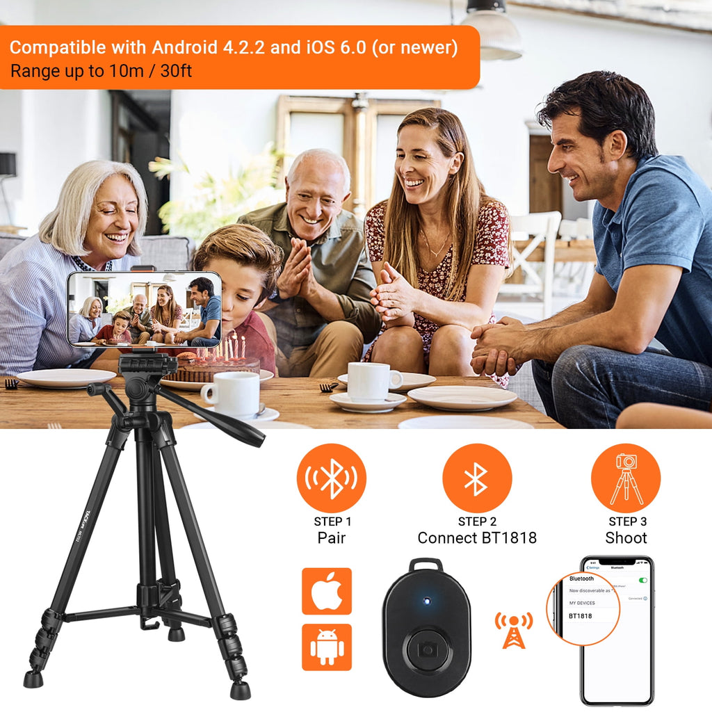 TACKLIFE Tripode de Camara Profesional 48-150 CM, Bluetooth, Aluminio, Trípode profesional para tiktok, Vlog, fotos. Negro
