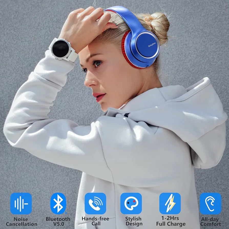 Srhythm NC15 Auriculares DIADEMA con Cancelación de Ruido Auriculares Supraaurales Bluetooth con Micrófono para Adolescentes, Adultos Clase en Línea/Oficina en el Hogar/TV/PC/Teléfono color Azul y Rojo