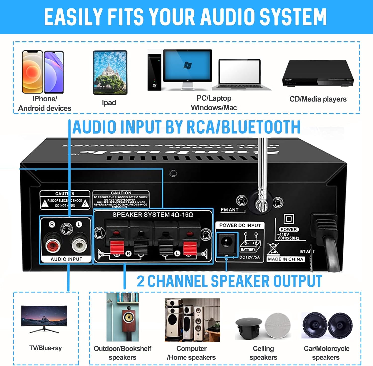 Sunbuck Amplificador Audio, 110V Amplificador HiFi Bluetooth, Receptor de Audio de Potencia de Sonido de Doble Canal de 180 W con USB, Tarjeta SD, Radio FM para Altavoces domésticos (AS-35BU)
