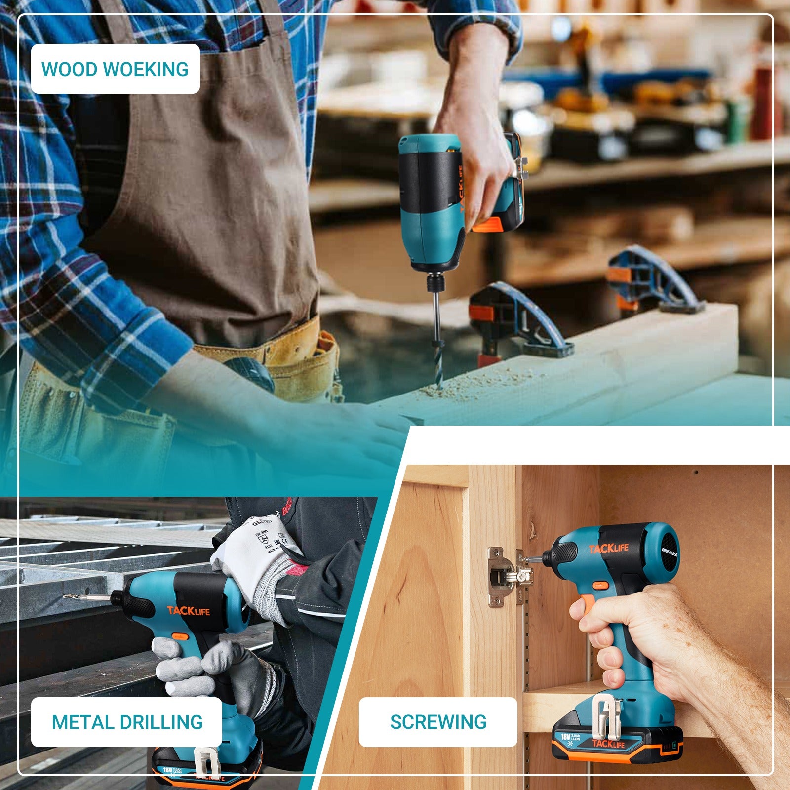 TACKLIFE Llave de Impacto Inalámbrica 18V 180Nm Batería 2,0 Ah Mandril 6,35 Mm Carga Rápida - Motor Sin Escobillas