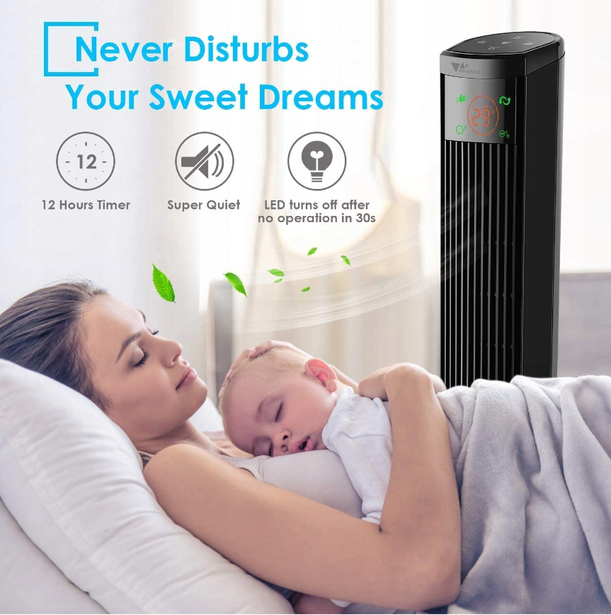 AMZDEAL Ventilador de Torre Silencioso con Mando a Distancia 3 Velocidades, Pantalla LED. Ventilador de pie. Color Negro.