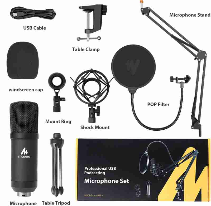 MAONO Micrófono con cable USB AU-A04 Plus Condensador cardioide Podcast Mic 192kHz/24bit Plug and Play, proporciona dos soportes de micrófono para transmisión en vivo, voz en off, YouTube, juegos, ASMR. Color Negro