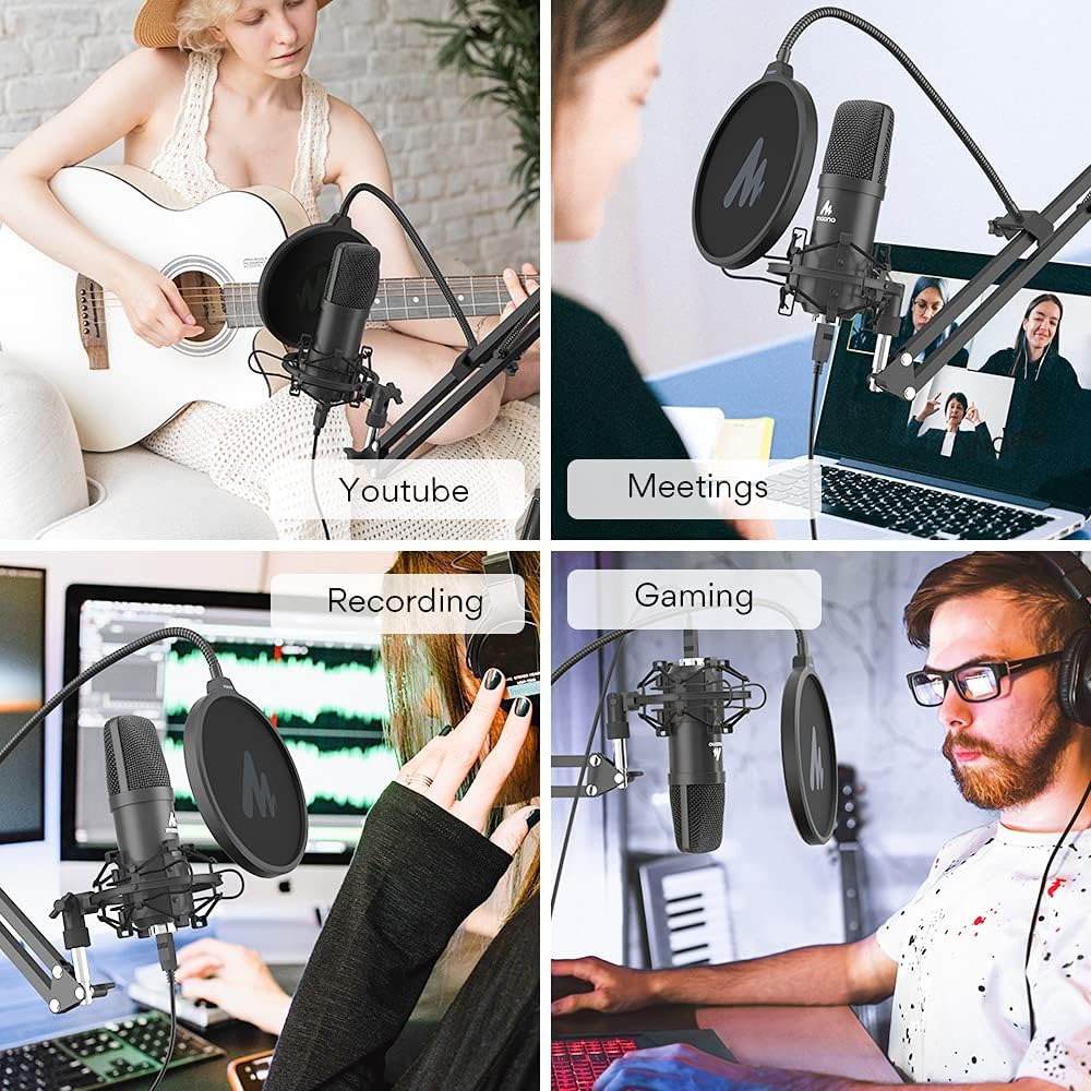 MAONO Micrófono con cable USB AU-A04 Plus Condensador cardioide Podcast Mic 192kHz/24bit Plug and Play, proporciona dos soportes de micrófono para transmisión en vivo, voz en off, YouTube, juegos, ASMR. Color Negro