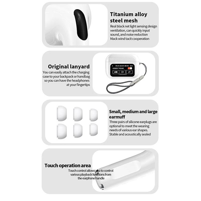 Auriculares A9 Pro sin cable, pinganillos inalambricos con Bluetooth ANC auriculares earphones con reduccion de ruido controles de pantalla tactil auriculares con ajuste de volumen.