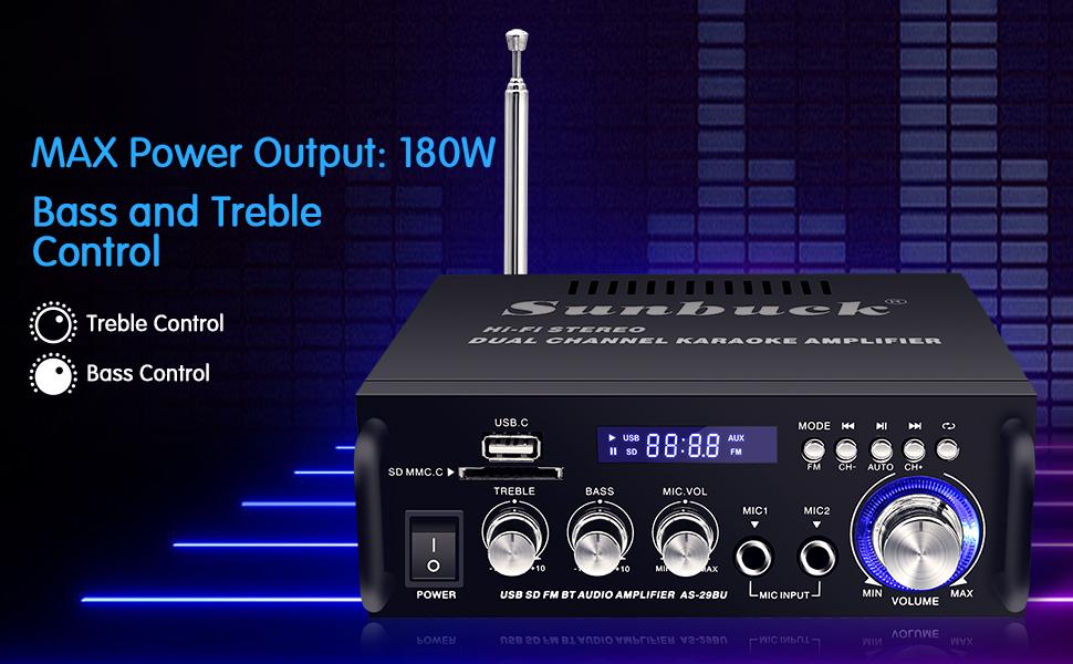Sunbuck Amplificador Audio, 110V Amplificador HiFi Bluetooth, Receptor de Audio de Potencia de Sonido de Doble Canal de 180 W con USB, Tarjeta SD, Radio FM para Altavoces domésticos (AS-35BU)