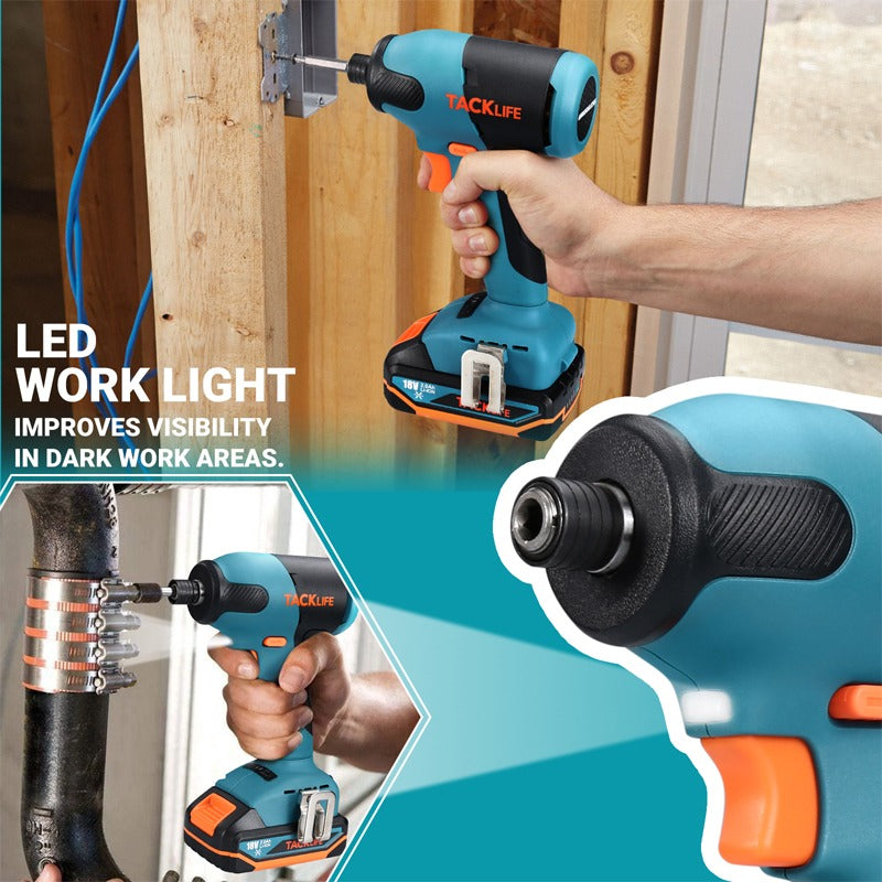 TACKLIFE Llave de Impacto Inalámbrica 18V 180Nm Batería 2,0 Ah Mandril 6,35 Mm Carga Rápida - Motor Sin Escobillas