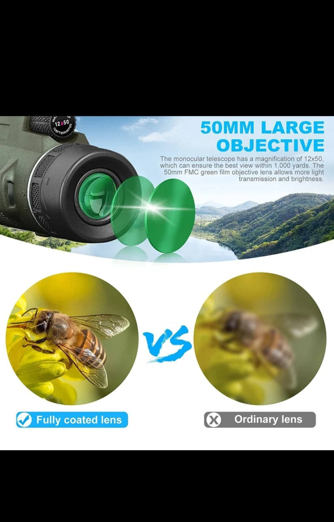 Telescopio Monocular 12X60 Original con Soporte para Telefono Movil y Tripode, Prisma BAK-4 y Prismaticos Monoculares SMC Telescopio Adultos, Gadget para Observacion / Caza de Aves, Regalos para Hombres Papa  Navidad año nuevo reyes