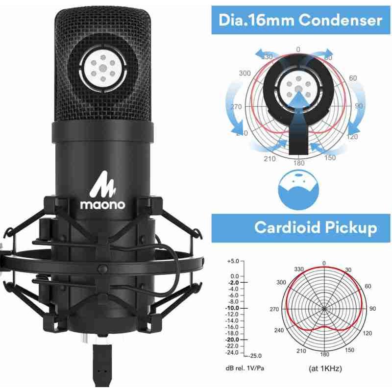 MAONO Micrófono con cable USB AU-A04 Plus Condensador cardioide Podcast Mic 192kHz/24bit Plug and Play, proporciona dos soportes de micrófono para transmisión en vivo, voz en off, YouTube, juegos, ASMR. Color Negro