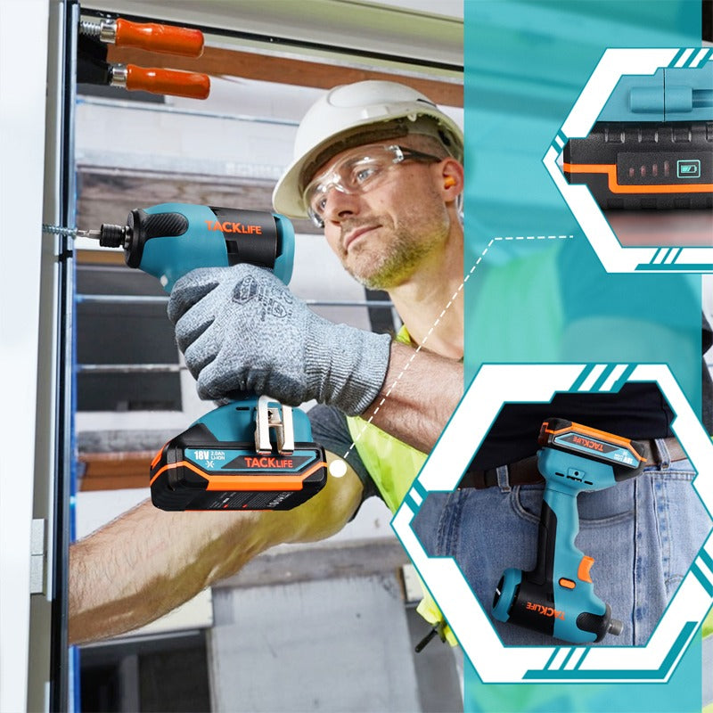 TACKLIFE Llave de Impacto Inalámbrica 18V 180Nm Batería 2,0 Ah Mandril 6,35 Mm Carga Rápida - Motor Sin Escobillas