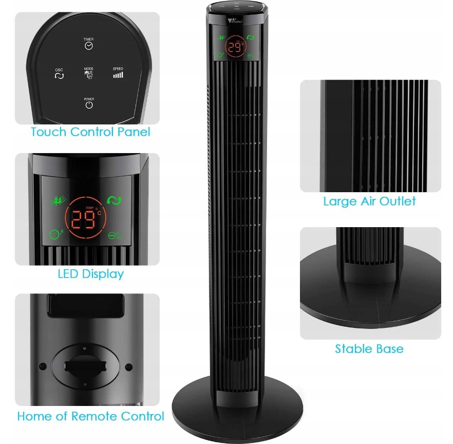 AMZDEAL Ventilador de Torre Silencioso con Mando a Distancia 3 Velocidades, Pantalla LED. Ventilador de pie. Color Negro.
