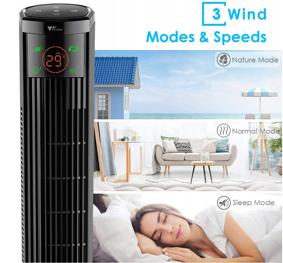 AMZDEAL Ventilador de Torre Silencioso con Mando a Distancia 3 Velocidades, Pantalla LED. Ventilador de pie. Color Negro.