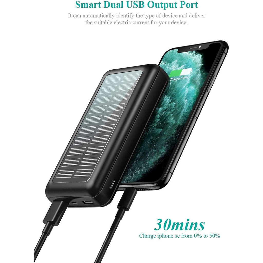 Powerbank Solar 30000Mah, cargador solar portátil de 30000 mAh, 2 puertos USB, panel de alta velocidad, batería externa, banco de energía solar portátil para iPhone, Android, para Xiaomi, Samsung, OPPO, Realme, Huawei, y otros modelos. Color Negro