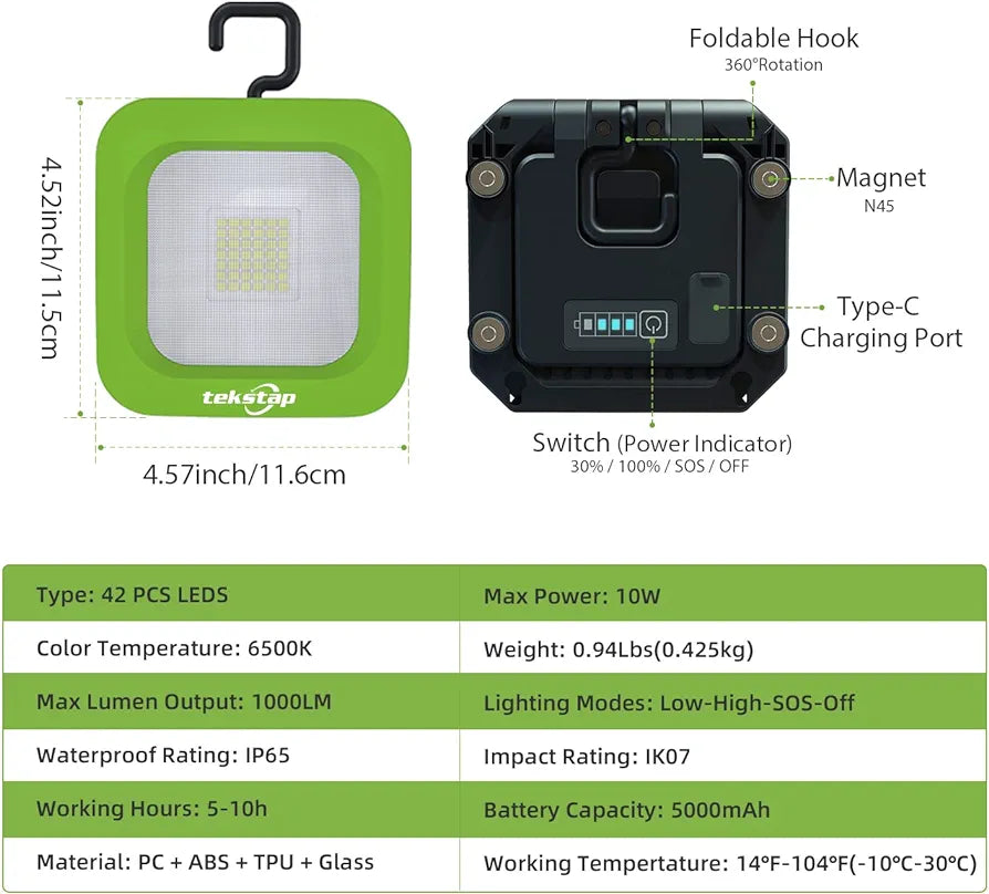 2 Paquetes de luz LED recargable Para trabajo o camping, 1000 lúmenes, luces magnéticos, portátil, gancho para colgar y 3 modos, resistente al agua IP65 para reparación de automóviles, foco para camping, emergencia (azul y verde y naranja)