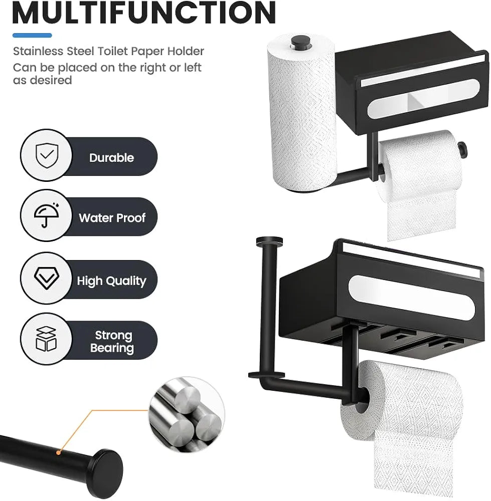 Portarrollos Papel Higienico Adhesivo, Portarrollos con Caja De Toallitas HúMedas, minghaoyuan Soporte Papel Higienico con Estante De 21 Cm, Porta Papel Higienico De Pared De Acero Inoxidable