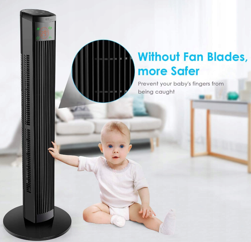 AMZDEAL Ventilador de Torre Silencioso con Mando a Distancia 3 Velocidades, Pantalla LED. Ventilador de pie. Color Negro.