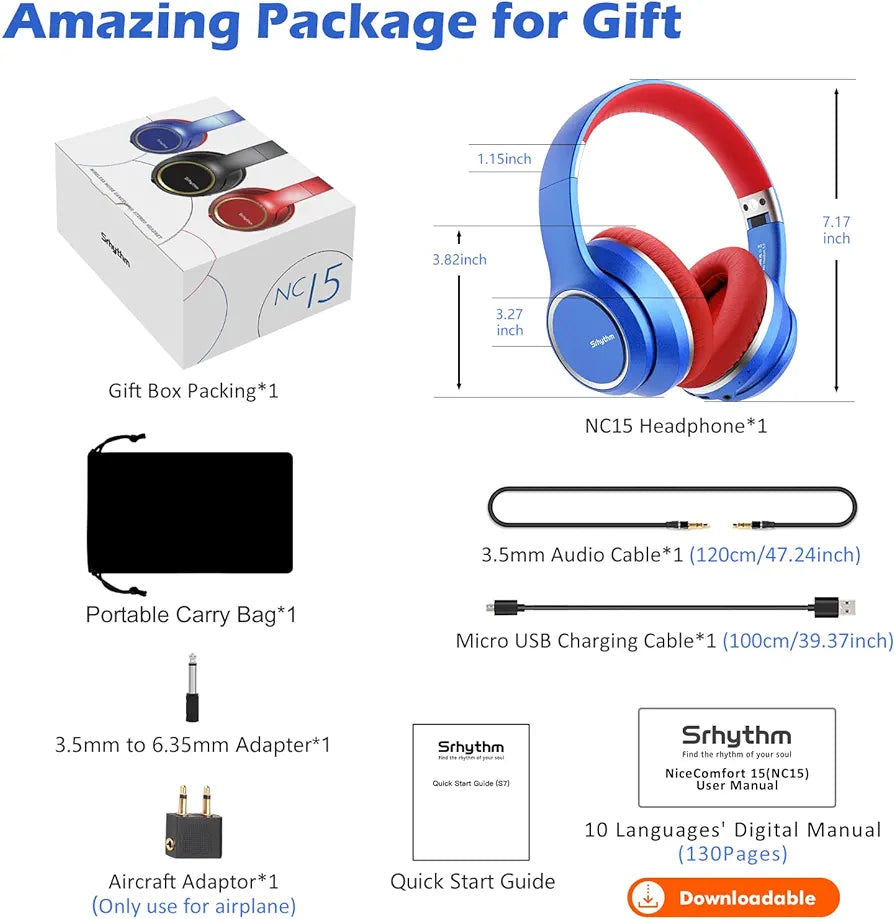 Srhythm NC15 Auriculares DIADEMA con Cancelación de Ruido Auriculares Supraaurales Bluetooth con Micrófono para Adolescentes, Adultos Clase en Línea/Oficina en el Hogar/TV/PC/Teléfono color Azul y Rojo