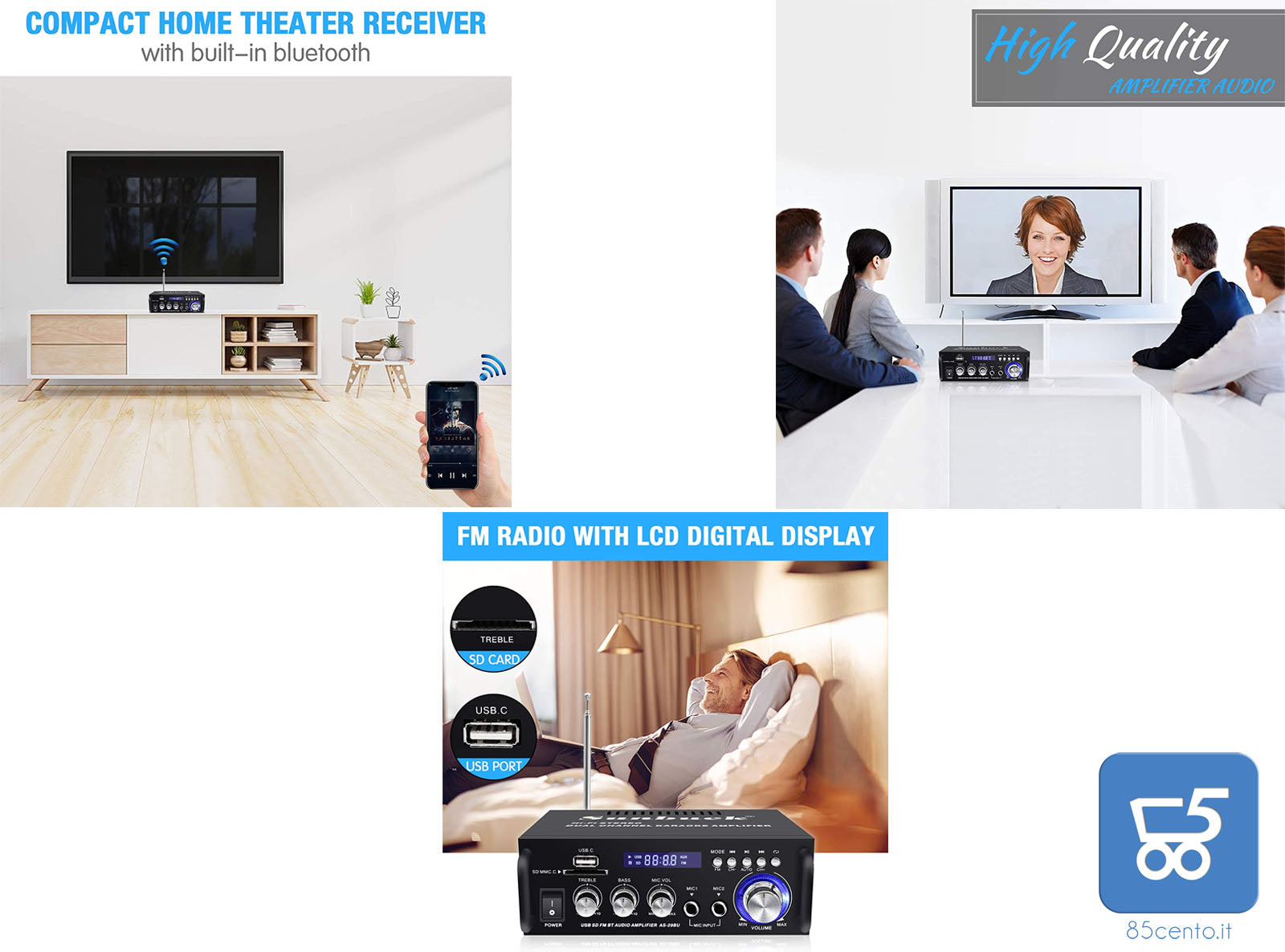 Sunbuck Amplificador Audio, 110V Amplificador HiFi Bluetooth, Receptor de Audio de Potencia de Sonido de Doble Canal de 180 W con USB, Tarjeta SD, Radio FM para Altavoces domésticos (AS-35BU)