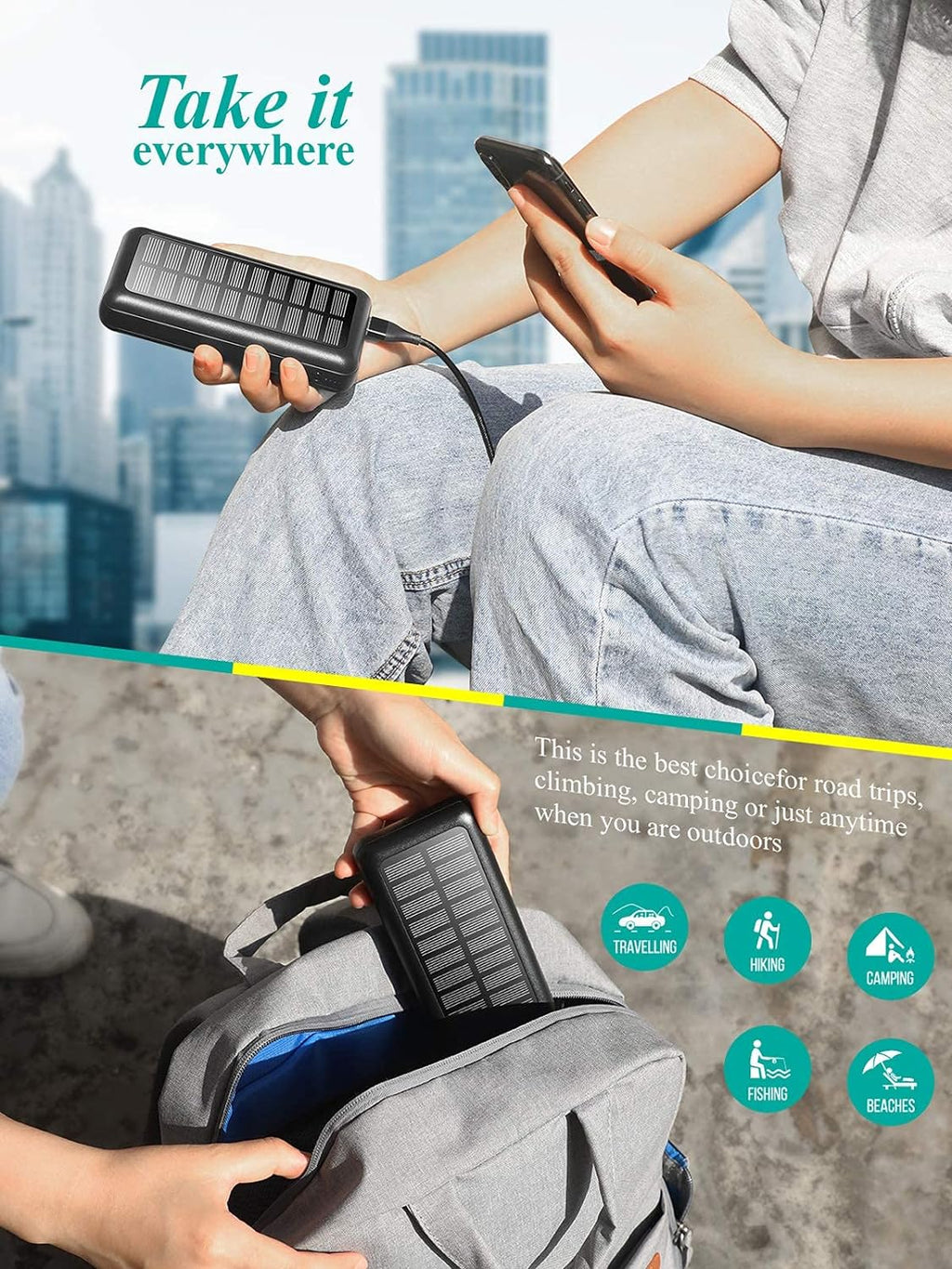 Powerbank Solar 30000Mah, cargador solar portátil de 30000 mAh, 2 puertos USB, panel de alta velocidad, batería externa, banco de energía solar portátil para iPhone, Android, para Xiaomi, Samsung, OPPO, Realme, Huawei, y otros modelos. Color Negro