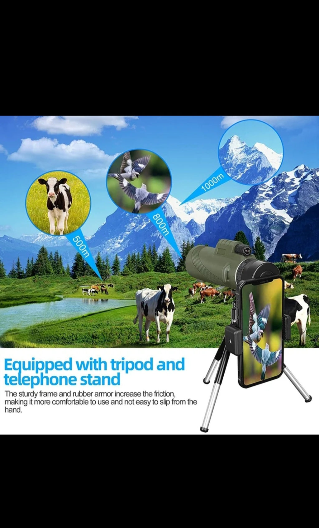 Telescopio Monocular 12X60 Original con Soporte para Telefono Movil y Tripode, Prisma BAK-4 y Prismaticos Monoculares SMC Telescopio Adultos, Gadget para Observacion / Caza de Aves, Regalos para Hombres Papa  Navidad año nuevo reyes