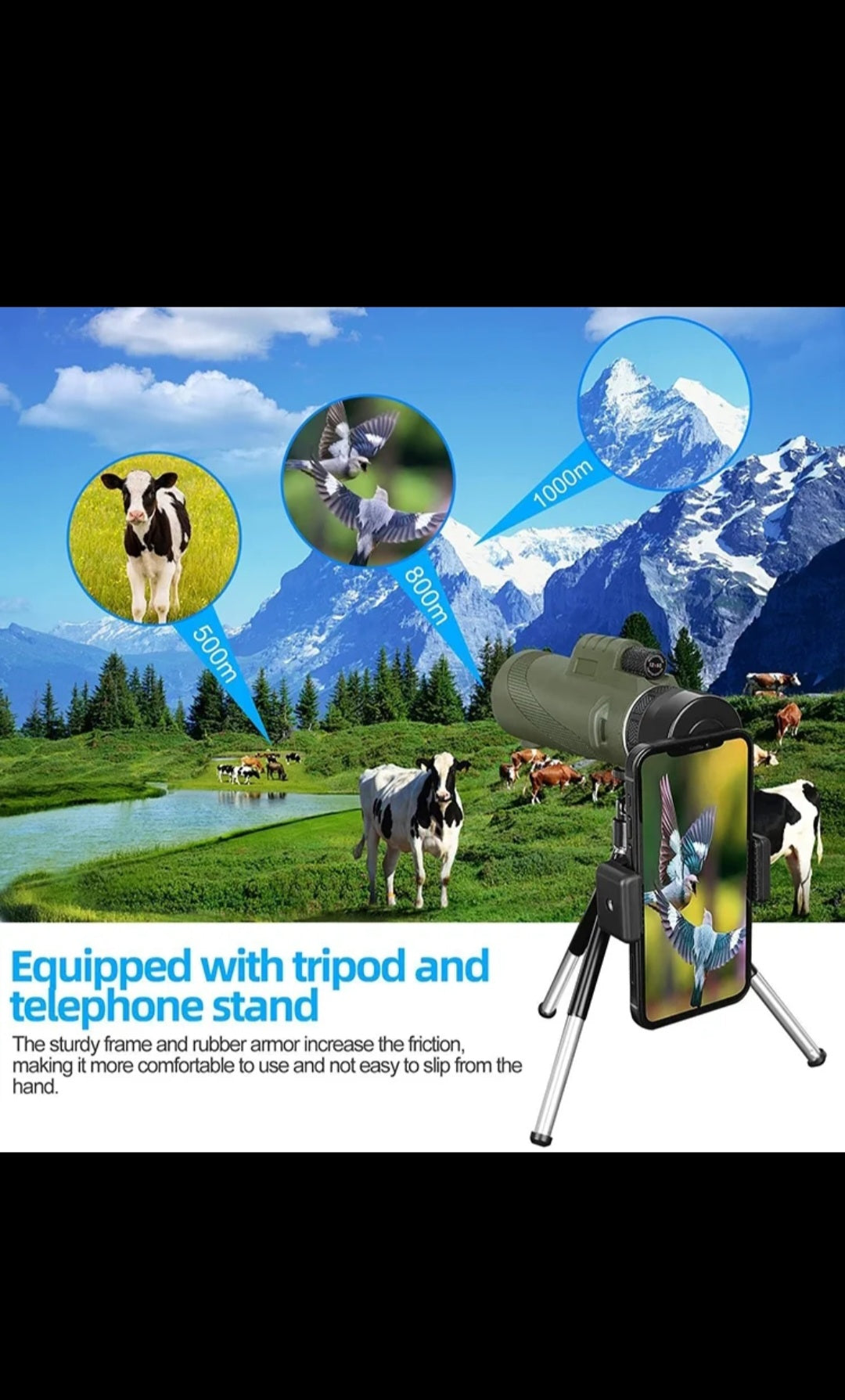 Telescopio Monocular 12X60 Original con Soporte para Telefono Movil y Tripode, Prisma BAK-4 y Prismaticos Monoculares SMC Telescopio Adultos, Gadget para Observacion / Caza de Aves, Regalos para Hombres Papa  Navidad año nuevo reyes