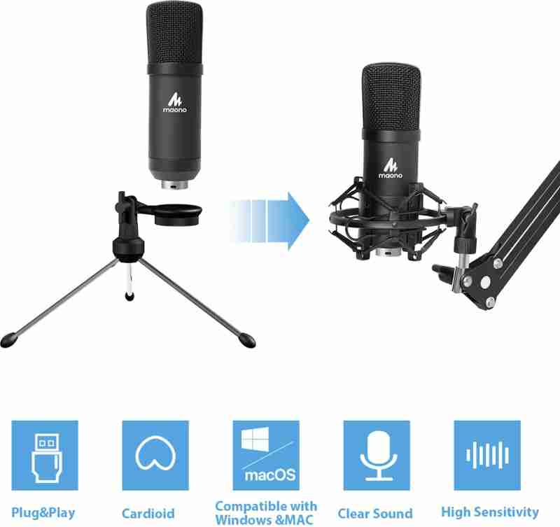 MAONO Micrófono con cable USB AU-A04 Plus Condensador cardioide Podcast Mic 192kHz/24bit Plug and Play, proporciona dos soportes de micrófono para transmisión en vivo, voz en off, YouTube, juegos, ASMR. Color Negro
