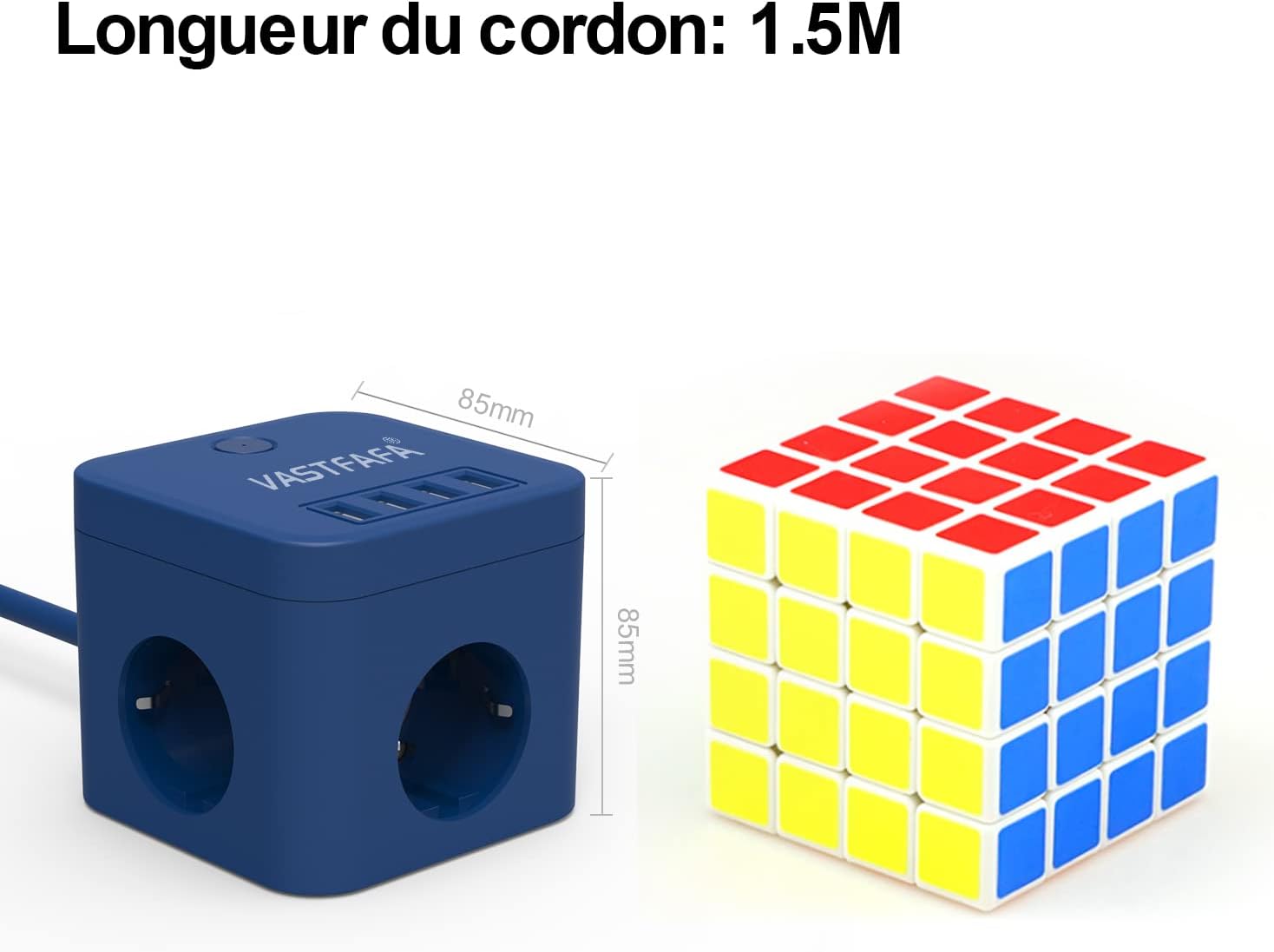 VASTFAFA regleta Cargador USB con protección contra sobretensiones 7 en 1. 4 tomas de corriente y 3 puertos USB. Color azul