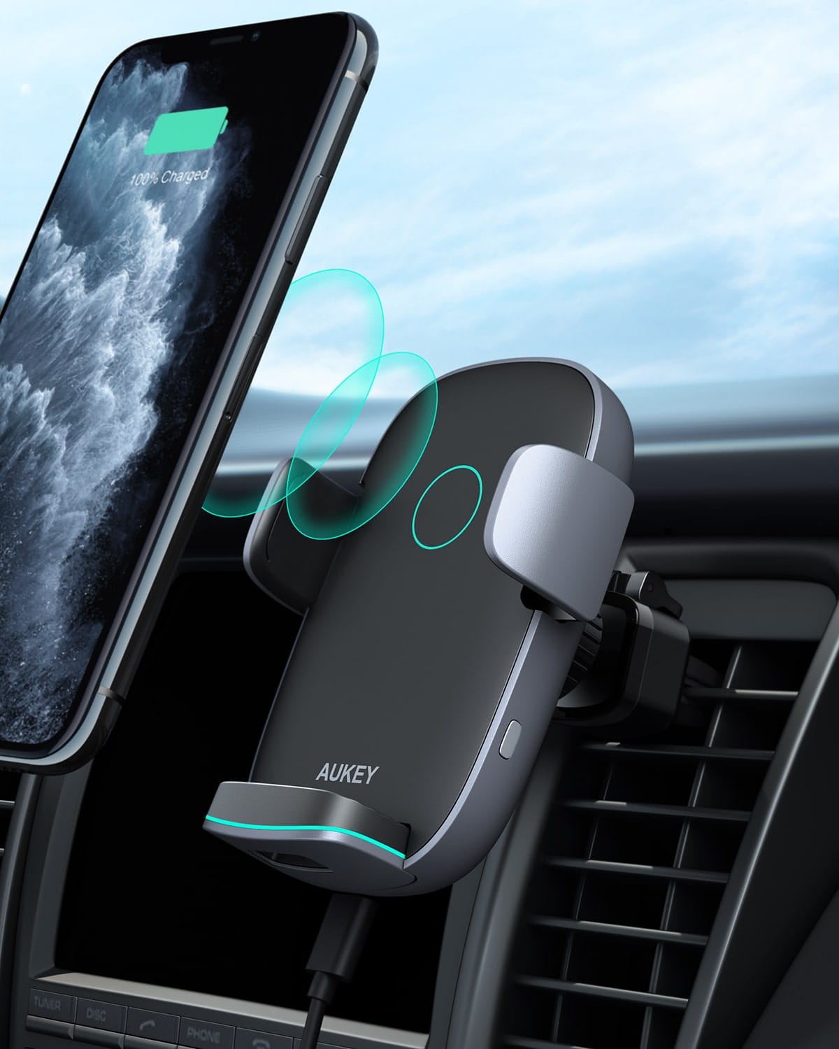 Aukey Cargador HD-C52 Carga Inalambrico para auto 10W AUKEY HD-C52. Negro Mejor Regalo para Navidad Reyes Año nuevo Halloween Verano San Valentin