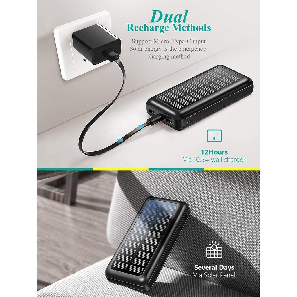 Powerbank Solar 30000Mah, cargador solar portátil de 30000 mAh, 2 puertos USB, panel de alta velocidad, batería externa, banco de energía solar portátil para iPhone, Android, para Xiaomi, Samsung, OPPO, Realme, Huawei, y otros modelos. Color Negro