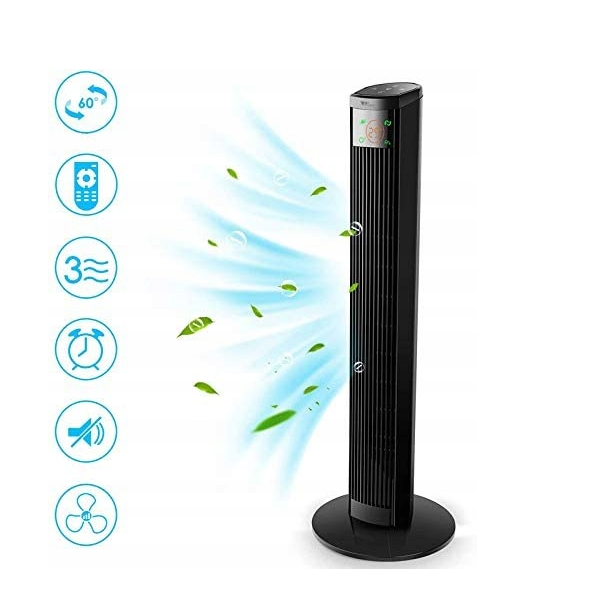 AMZDEAL Ventilador de Torre Silencioso con Mando a Distancia 3 Velocidades, Pantalla LED. Ventilador de pie. Color Negro.