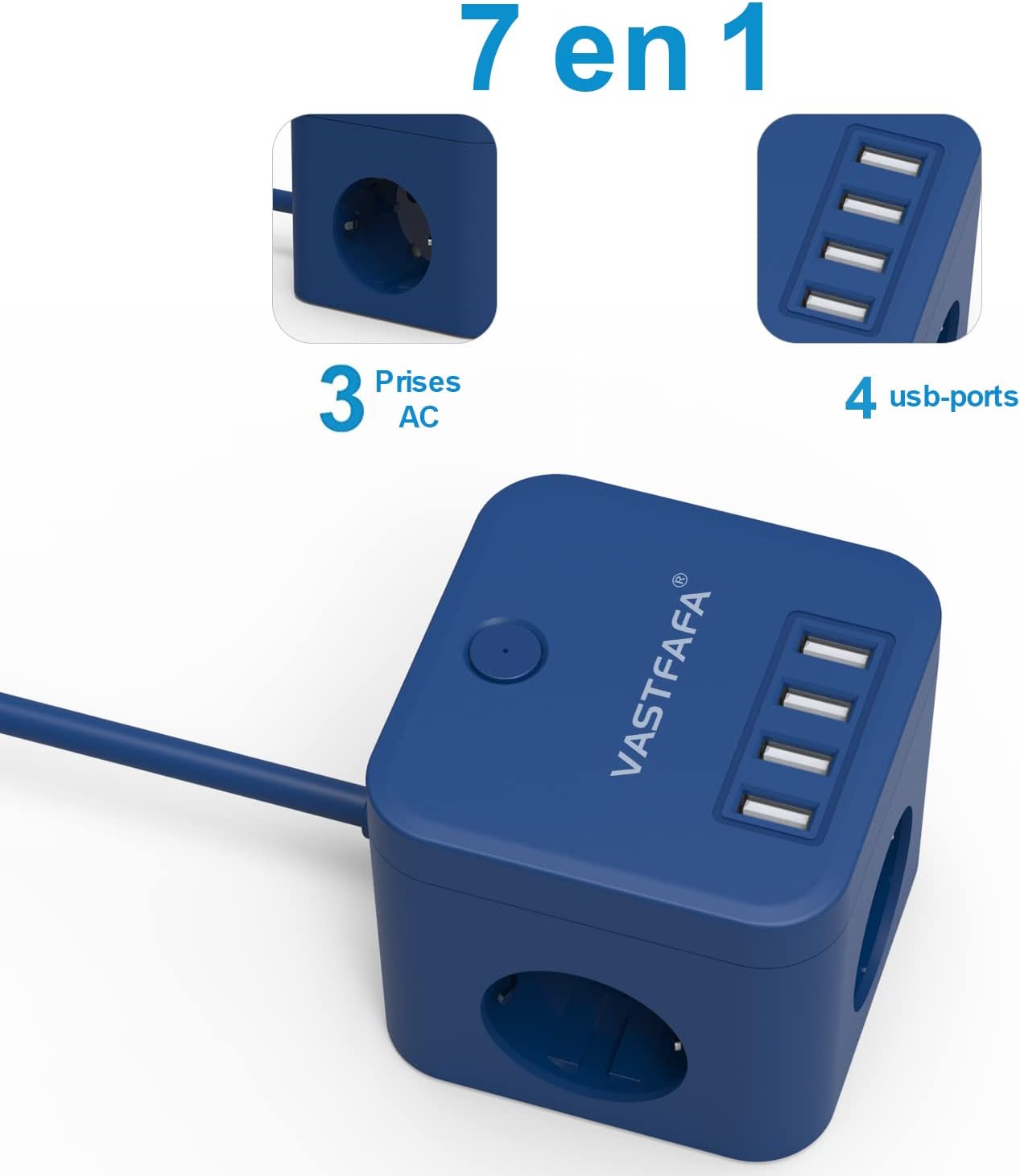 VASTFAFA regleta Cargador USB con protección contra sobretensiones 7 en 1. 4 tomas de corriente y 3 puertos USB. Color azul